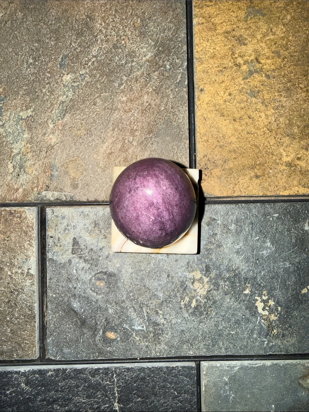 Vintage Polished Stone Egg Set Purple and Banded Blue with Display Stand